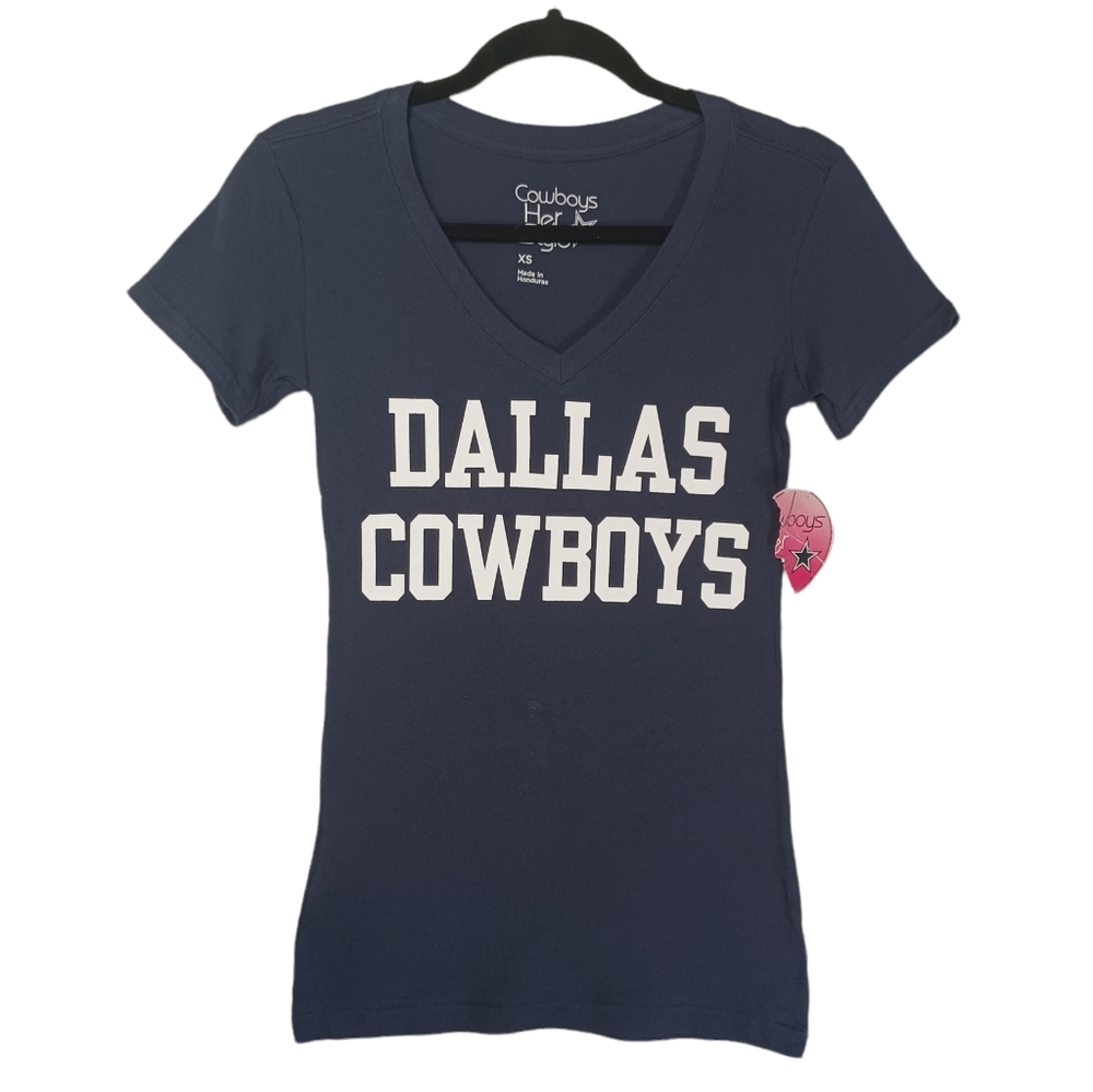 COWBOYS HER STYLE Coach  "Dallas Cowboys" Navy Blue V Neck Short Sleeve Top NWT